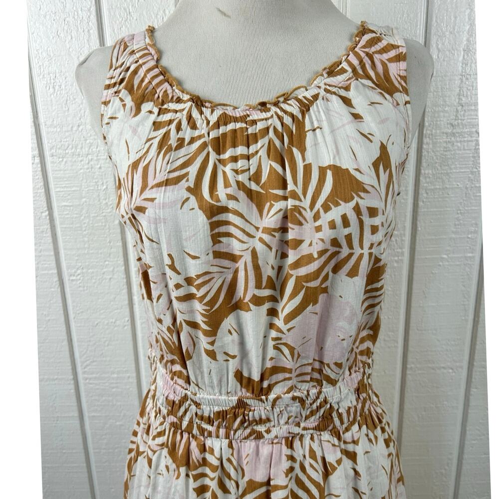 SO Sleeveless Tropical Leaf Midi Dress XL Brown White Pink Cotton Viscose Boho - Picture 3 of 8